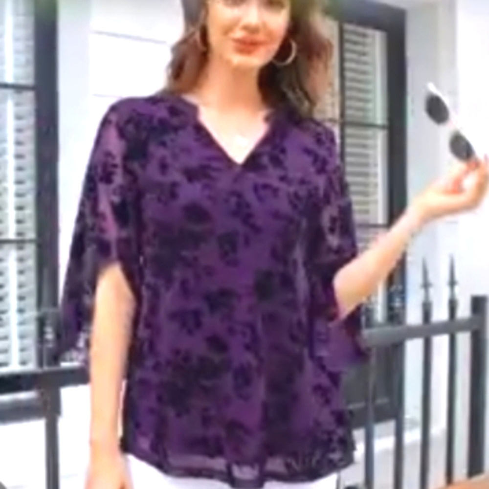 Valolia Purple And Black Floral Velvet Burnout Romantic Fairy Top Size XL New